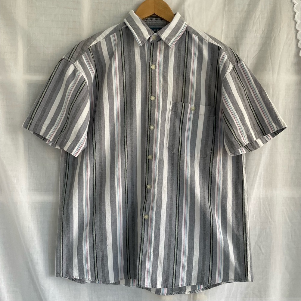 Gray and White Casual Button Down Shirt with Stripes, Pops of Color